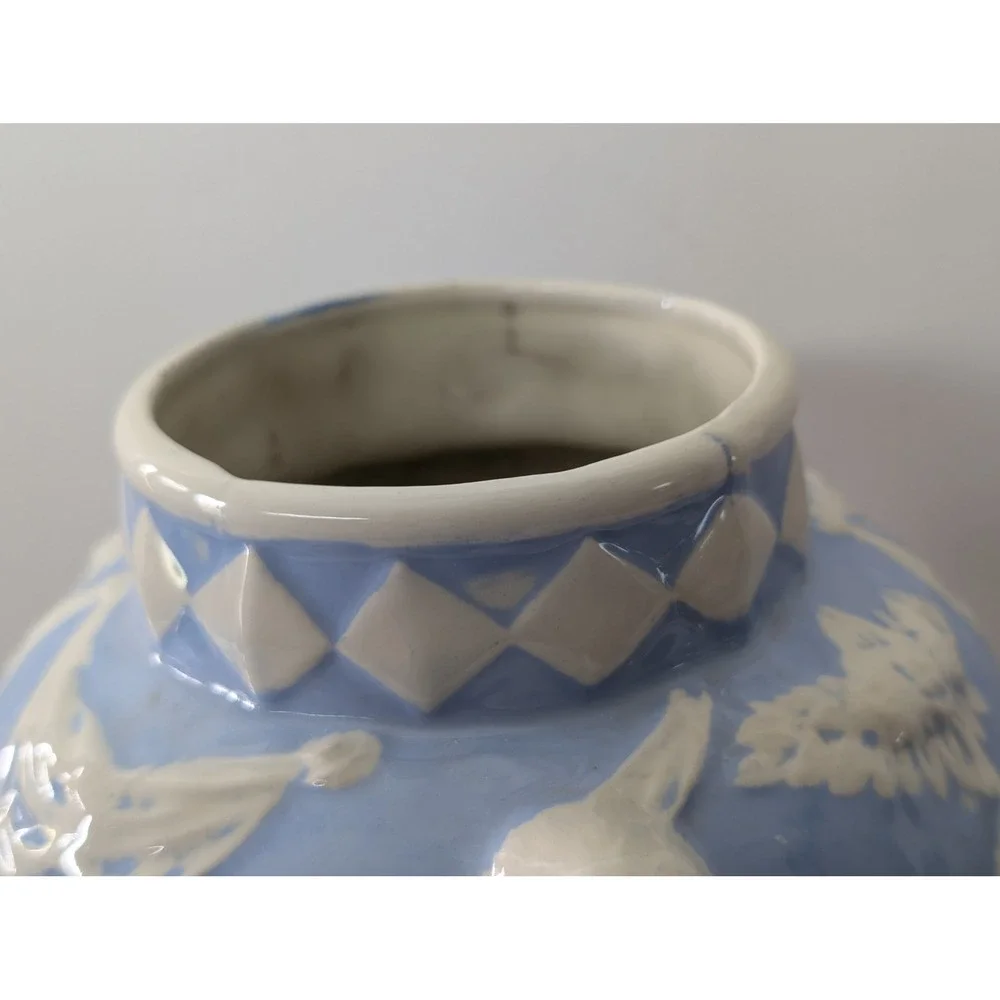 Blue and White Ceramic Cherub Ginger Jar Ornate Relief Urn w Lid 15i